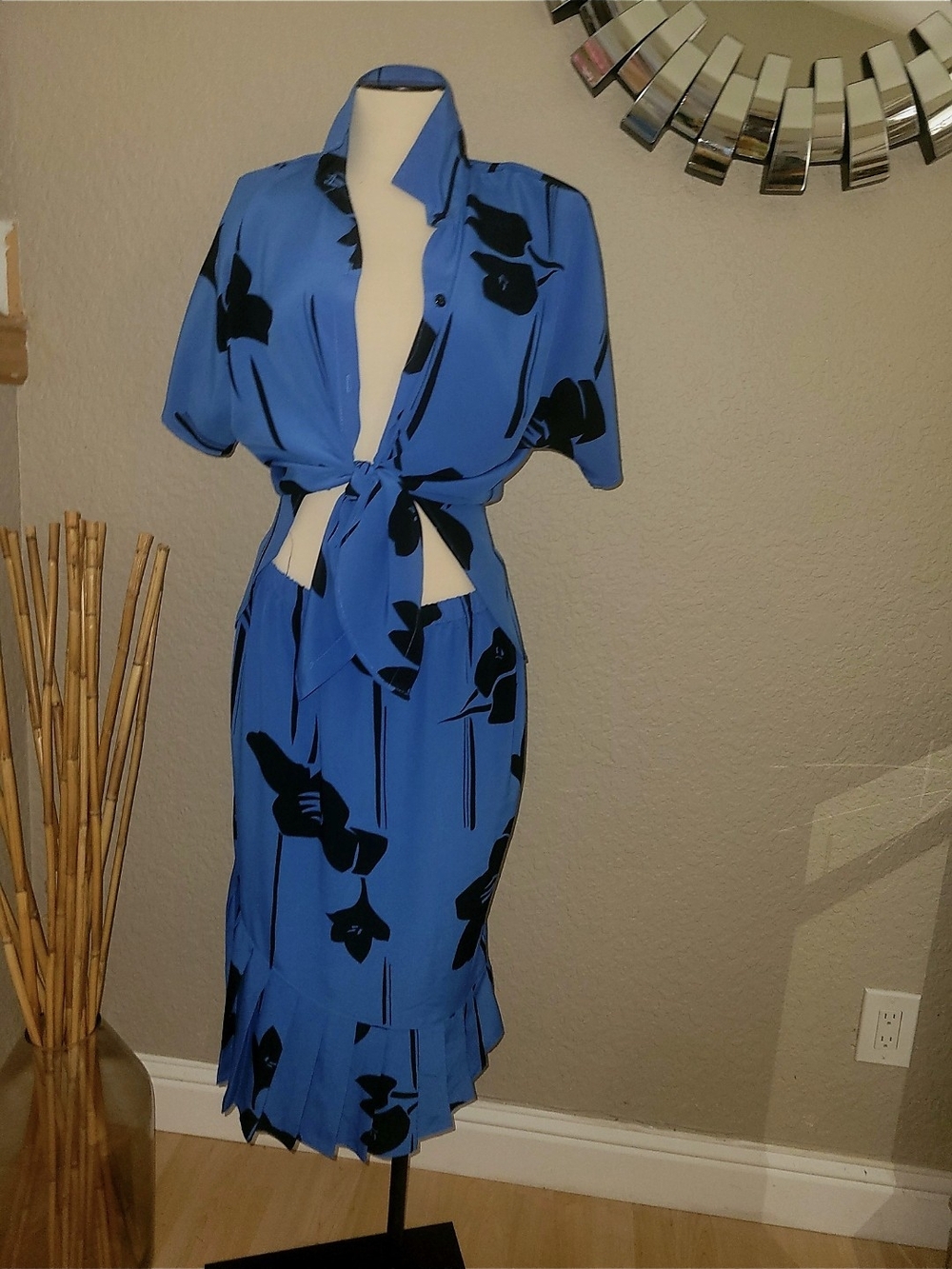 Blue Floral Tie-Front Two-Piece Dress Set